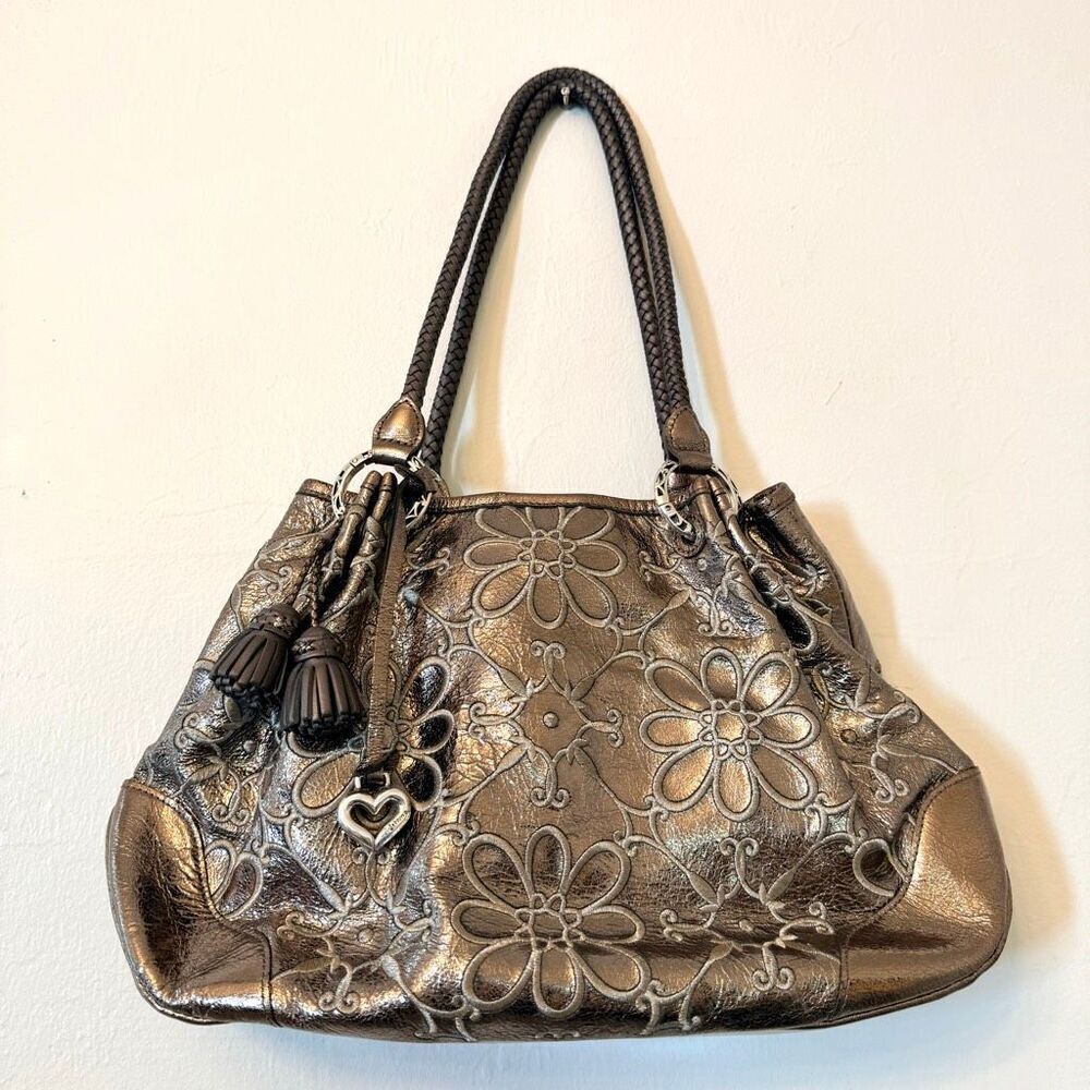 Brighton Valencia Floral Embroidered Leather Metallic Purse Pewter Shoulder Bag - Picture 2 of 10